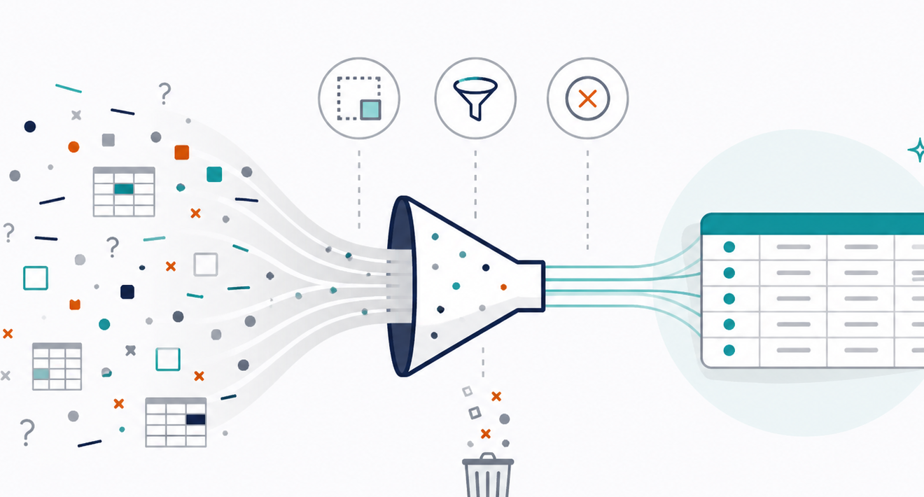 Illustrazione del processo di data cleansing: dati eterogenei, filtro e tabella pulita in output
